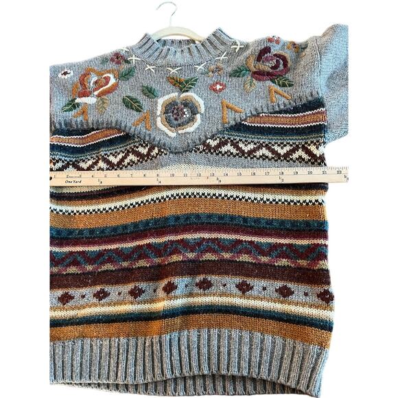 Vintage Gray Flower Striped Acrylic/Lambswool Chunky Sweater-M - Picture 5 of 5